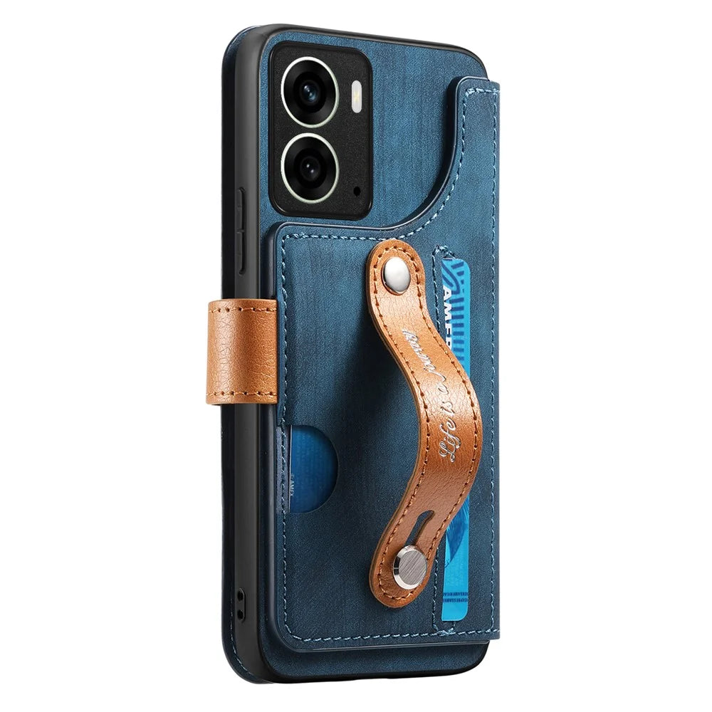 For Realme 14 5G Case Wallet Retro Leather Phone Cover with Wristband Kickstand - Blue - 2