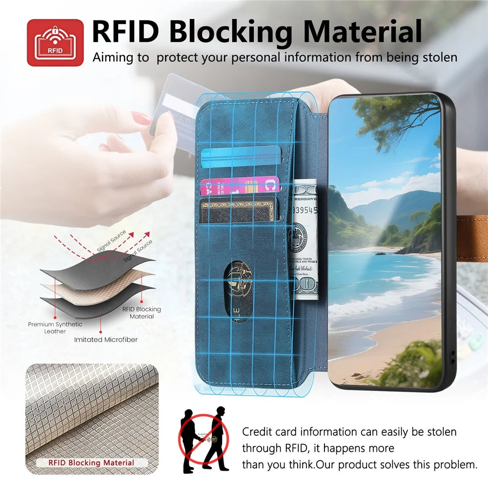 For Realme 14 5G Case Wallet Retro Leather Phone Cover with Wristband Kickstand - Blue - 6