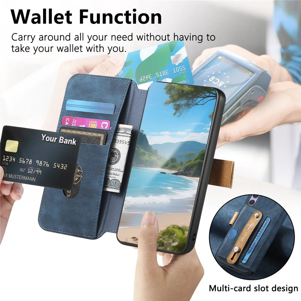 For Realme 14 5G Case Wallet Retro Leather Phone Cover with Wristband Kickstand - Blue - 7