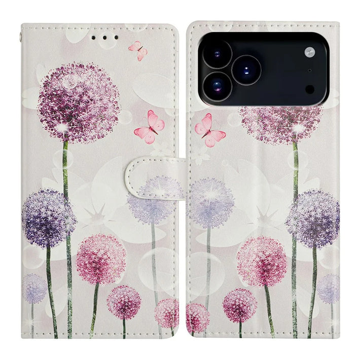 For iPhone 18 Pro Max / 17 Pro Max Case Pattern Printing Wallet Stand Flip Leather Phone Cover with Strap - Dandelion - 1