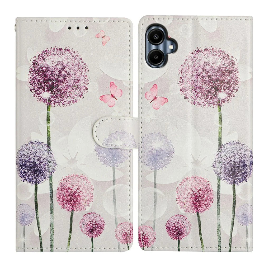 For Samsung Galaxy A08 5G / A08 4G / A07 4G Case Pattern Printing Wallet Stand Flip Leather Phone Cover with Strap - Dandelion - 1