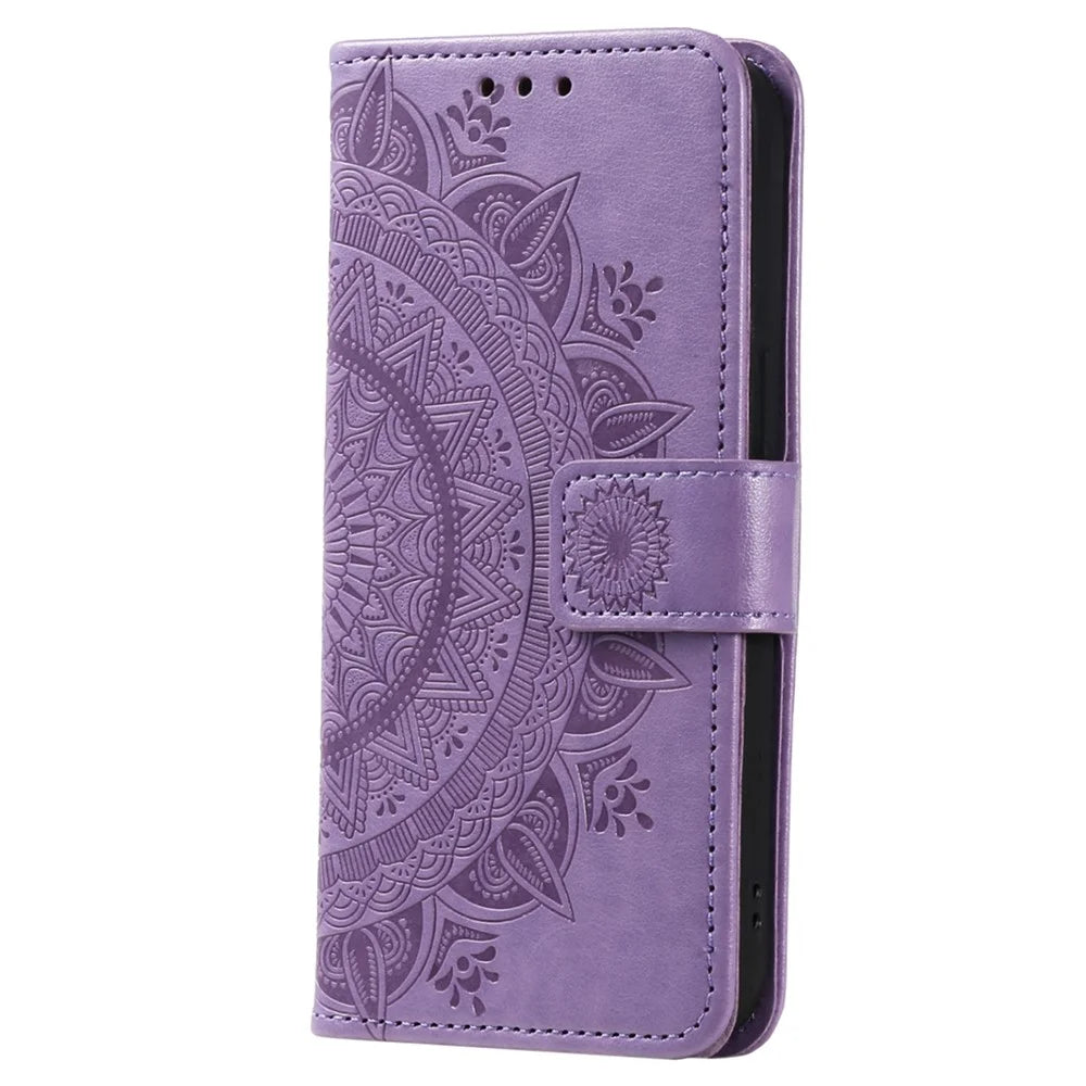 For Samsung Galaxy A08 5G / A08 4G / A07 5G / A07 4G Stand Case Imprinted Totem PU Leather Wallet Phone Cover with Wrist Strap - Purple - 5