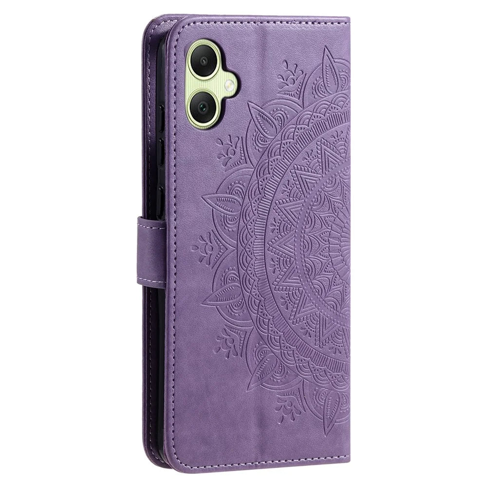 For Samsung Galaxy A08 5G / A08 4G / A07 5G / A07 4G Stand Case Imprinted Totem PU Leather Wallet Phone Cover with Wrist Strap - Purple - 6