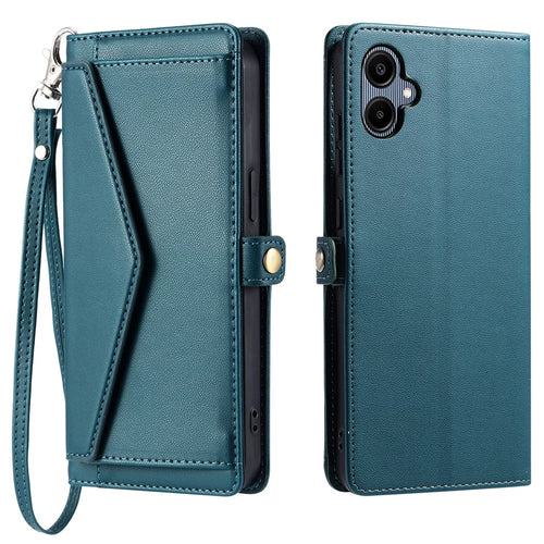 For Samsung Galaxy A08 5G / A08 4G / A07 5G / A07 4G Leather Case with Wrist Strap Wallet Stand Phone Cover - Blackish Green - 1