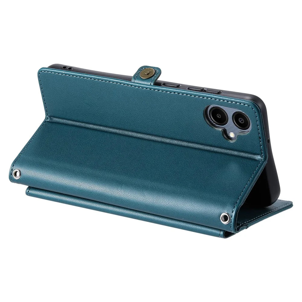 For Samsung Galaxy A08 5G / A08 4G / A07 5G / A07 4G Leather Case with Wrist Strap Wallet Stand Phone Cover - Blackish Green - 4