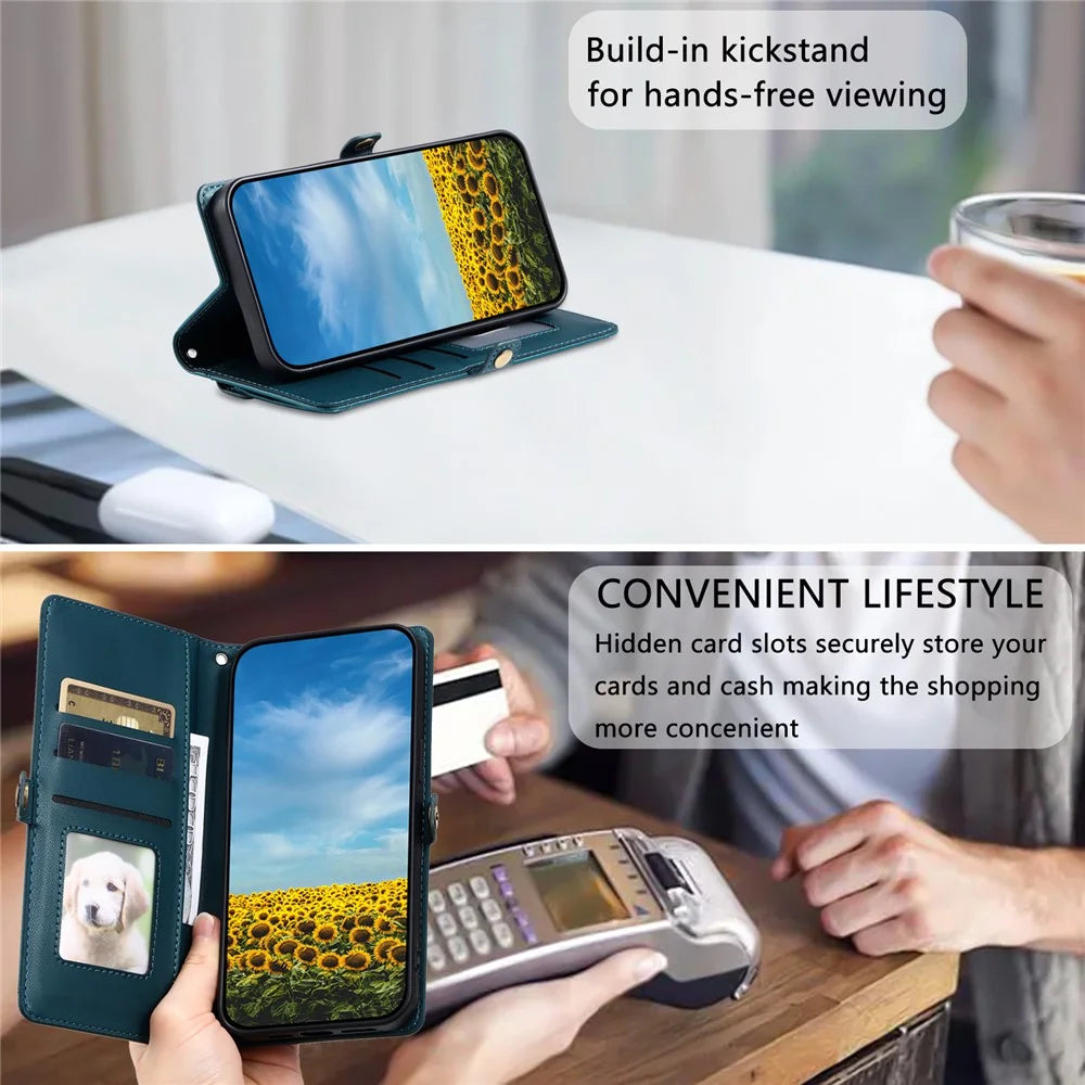 For Samsung Galaxy A08 5G / A08 4G / A07 5G / A07 4G Leather Case with Wrist Strap Wallet Stand Phone Cover - Blackish Green - 7