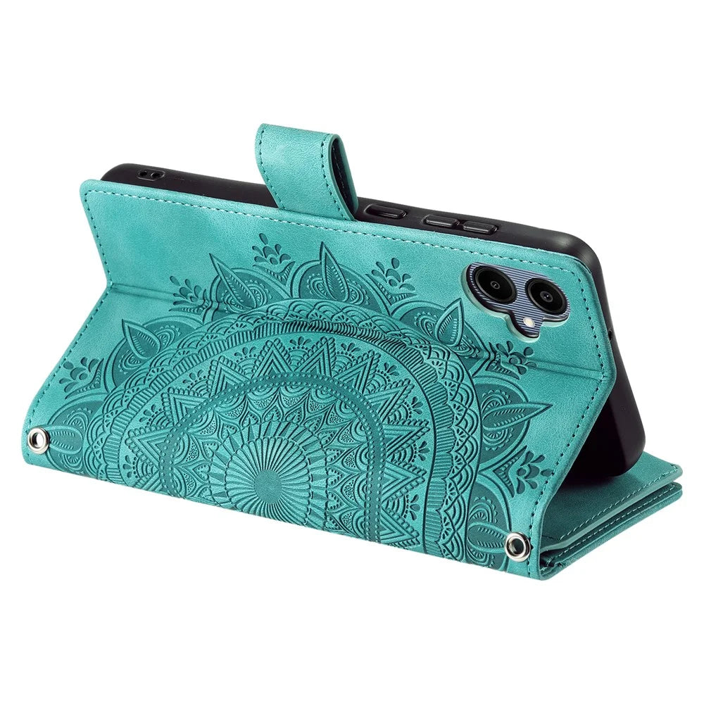 For Samsung Galaxy A08 5G / A08 4G / A07 5G / A07 4G Wallet Case Mandala Flower Pattern PU Leather Phone Cover with Wrist Strap - Mint Green - 5