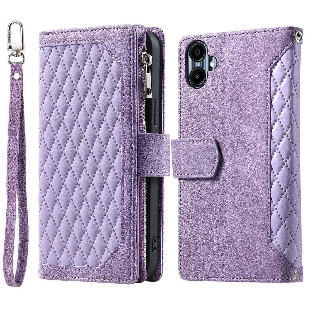 For Samsung Galaxy A08 5G / A08 4G / A07 5G / A07 4G Wallet Case Rhombus Stitching Line PU Leather Phone Cover with Wrist Strap - Purple - 1