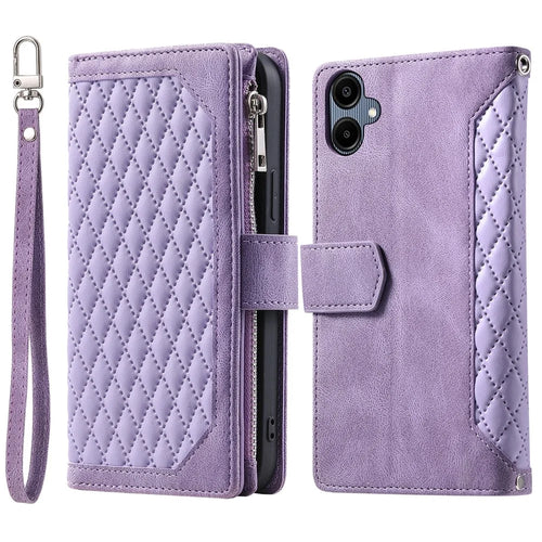 For Samsung Galaxy A08 5G / A08 4G / A07 5G / A07 4G Wallet Case Rhombus Stitching Line PU Leather Phone Cover with Wrist Strap - Purple - 1