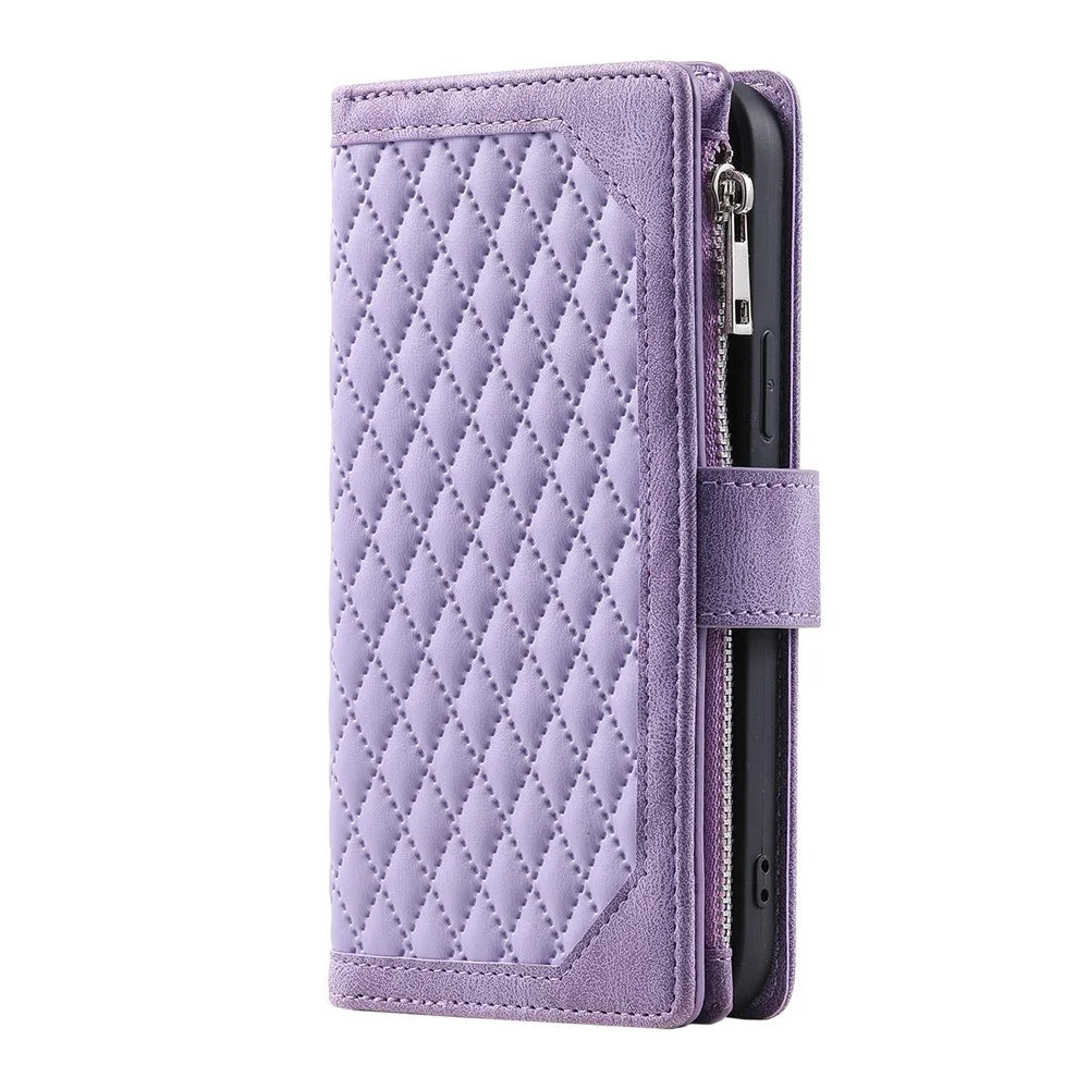 For Samsung Galaxy A08 5G / A08 4G / A07 5G / A07 4G Wallet Case Rhombus Stitching Line PU Leather Phone Cover with Wrist Strap - Purple - 7
