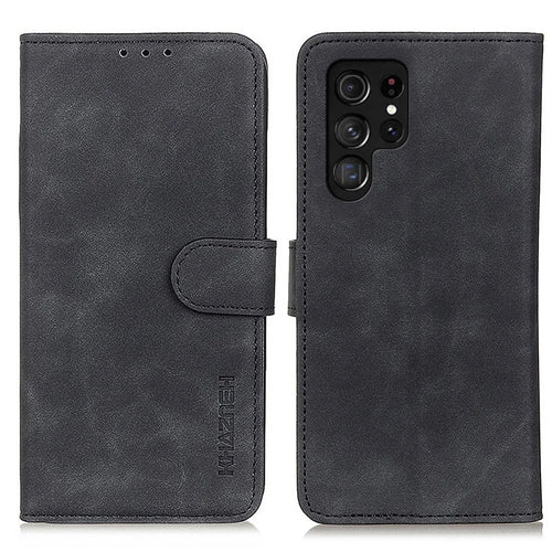 KHAZNEH For Samsung Galaxy S23 Ultra Retro Texture PU Leather Phone Cover Drop-proof Protective Wallet Stand Case - Black - 1