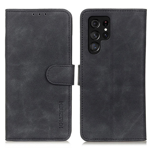 KHAZNEH For Samsung Galaxy S23 Ultra Retro Texture PU Leather Phone Cover Drop-proof Protective Wallet Stand Case - Black - 1