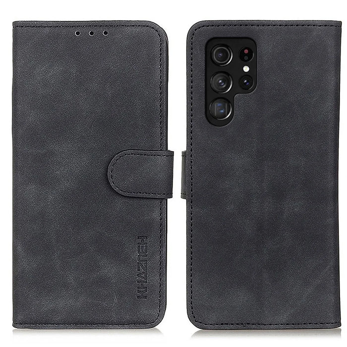 KHAZNEH For Samsung Galaxy S23 Ultra Retro Texture PU Leather Phone Cover Drop-proof Protective Wallet Stand Case - Black - 1