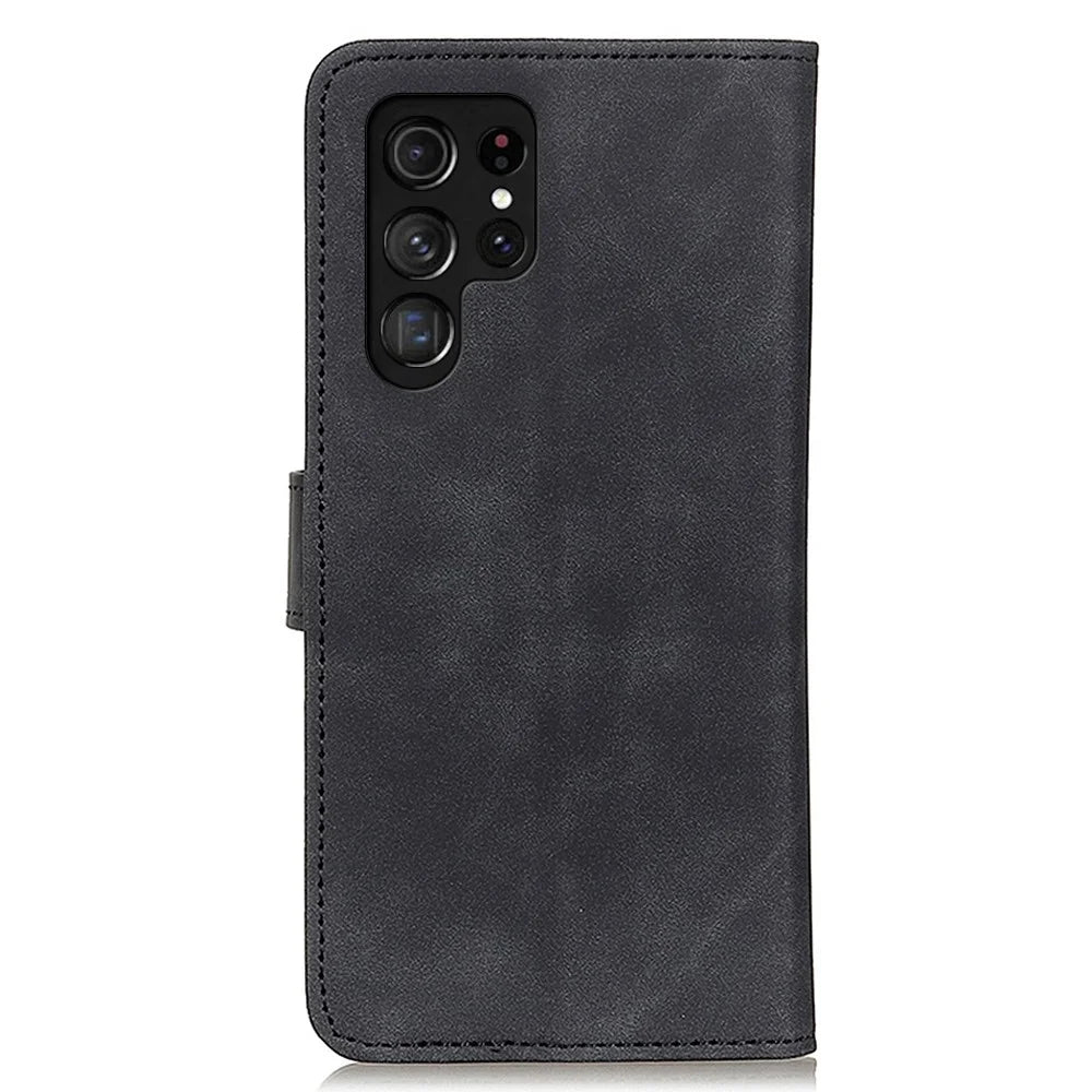 KHAZNEH For Samsung Galaxy S23 Ultra Retro Texture PU Leather Phone Cover Drop-proof Protective Wallet Stand Case - Black - 7