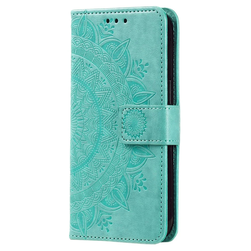 For Samsung Galaxy A18 5G / A18 4G / A17 5G / A17 4G / A26 5G Stand Case Imprinted Totem PU Leather Wallet Phone Cover with Wrist Strap - Mint Green - 5