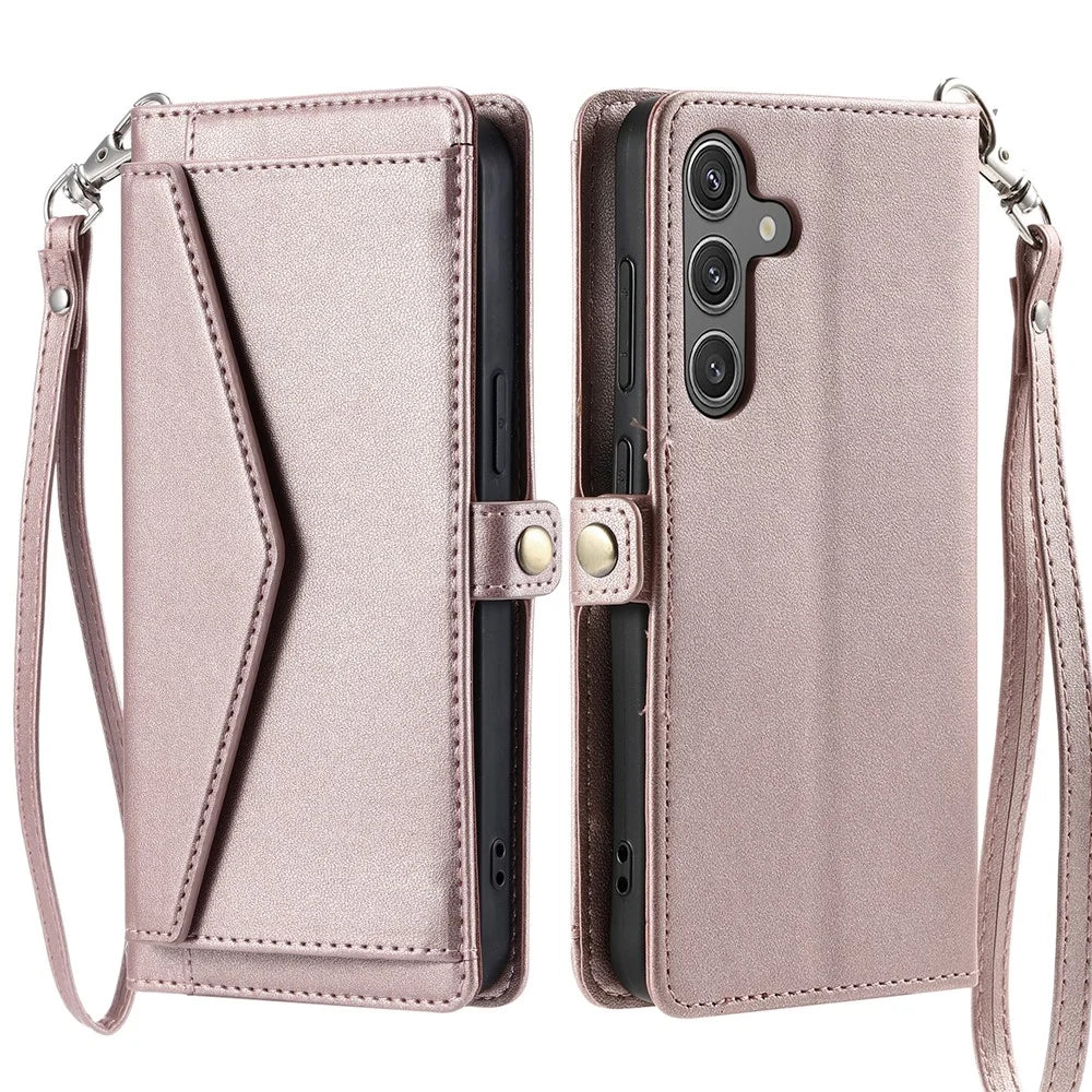 For Samsung Galaxy A18 5G / A18 4G / A17 5G / A17 4G / A26 5G Leather Case with Wrist Strap Wallet Stand Phone Cover - Rose Gold - 2