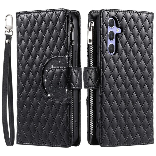For Samsung Galaxy A18 5G / A18 4G / A17 5G / A17 4G / A26 5G Case Zipper Pocket Glitter Leather Phone Cover with Wrist Strap - Black - 1