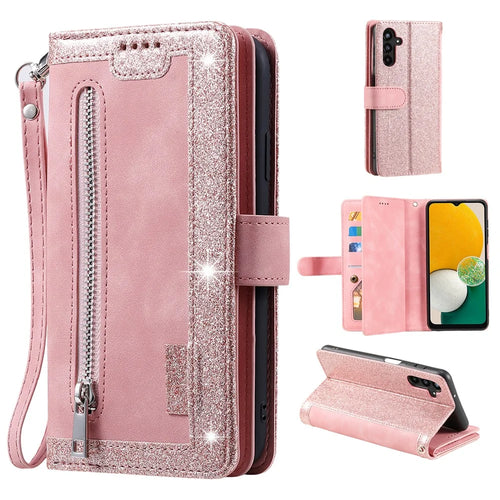 For Samsung Galaxy A18 5G / A18 4G / A17 5G / A17 4G / A26 5G Case 9 Card Slots Zipper Wallet PU Leather Phone Cover with Wrist Strap - Rose Gold - 1