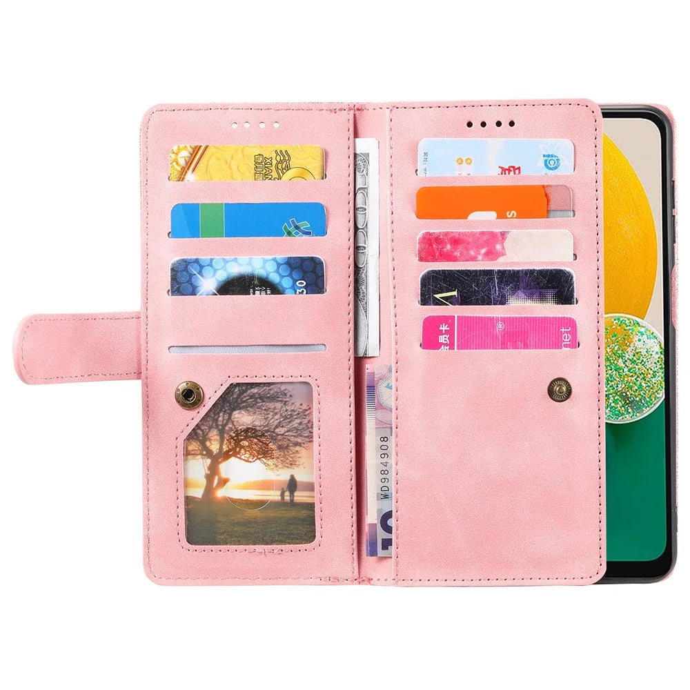 For Samsung Galaxy A18 5G / A18 4G / A17 5G / A17 4G / A26 5G Case 9 Card Slots Zipper Wallet PU Leather Phone Cover with Wrist Strap - Rose Gold - 2