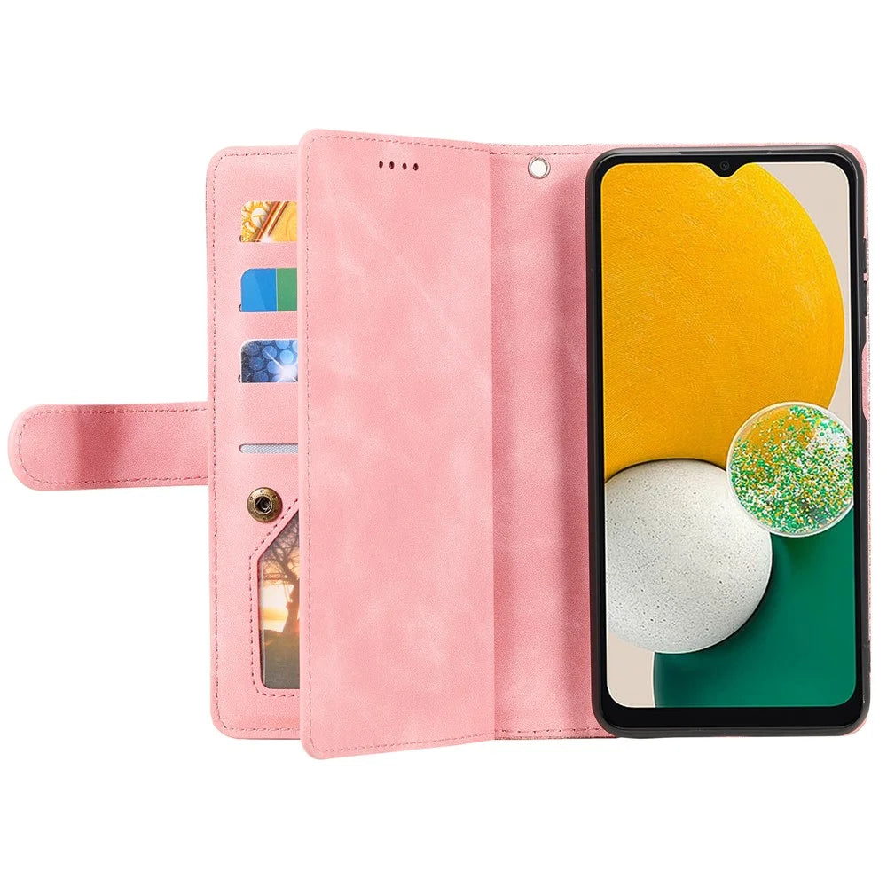 For Samsung Galaxy A18 5G / A18 4G / A17 5G / A17 4G / A26 5G Case 9 Card Slots Zipper Wallet PU Leather Phone Cover with Wrist Strap - Rose Gold - 3