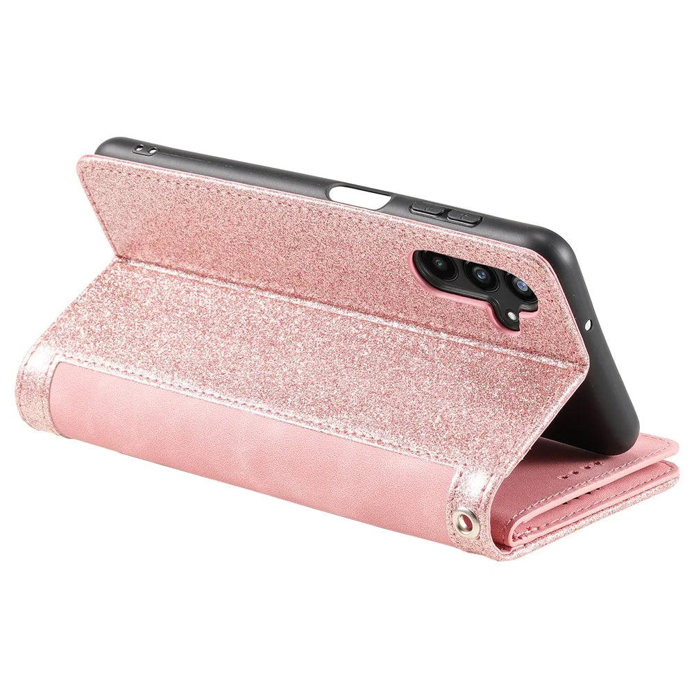 For Samsung Galaxy A18 5G / A18 4G / A17 5G / A17 4G / A26 5G Case 9 Card Slots Zipper Wallet PU Leather Phone Cover with Wrist Strap - Rose Gold - 4