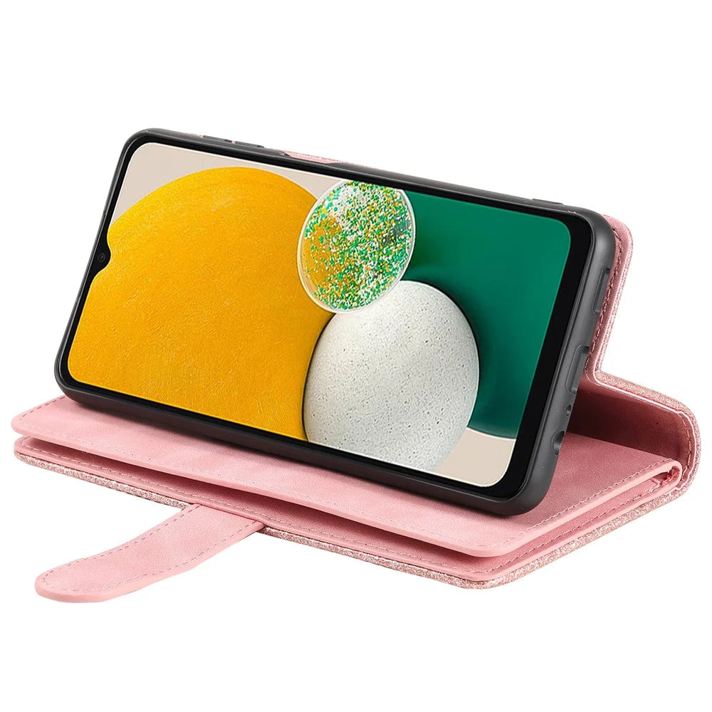 For Samsung Galaxy A18 5G / A18 4G / A17 5G / A17 4G / A26 5G Case 9 Card Slots Zipper Wallet PU Leather Phone Cover with Wrist Strap - Rose Gold - 5
