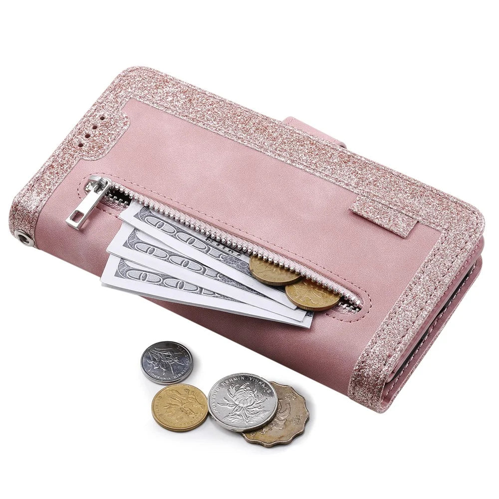 For Samsung Galaxy A18 5G / A18 4G / A17 5G / A17 4G / A26 5G Case 9 Card Slots Zipper Wallet PU Leather Phone Cover with Wrist Strap - Rose Gold - 6