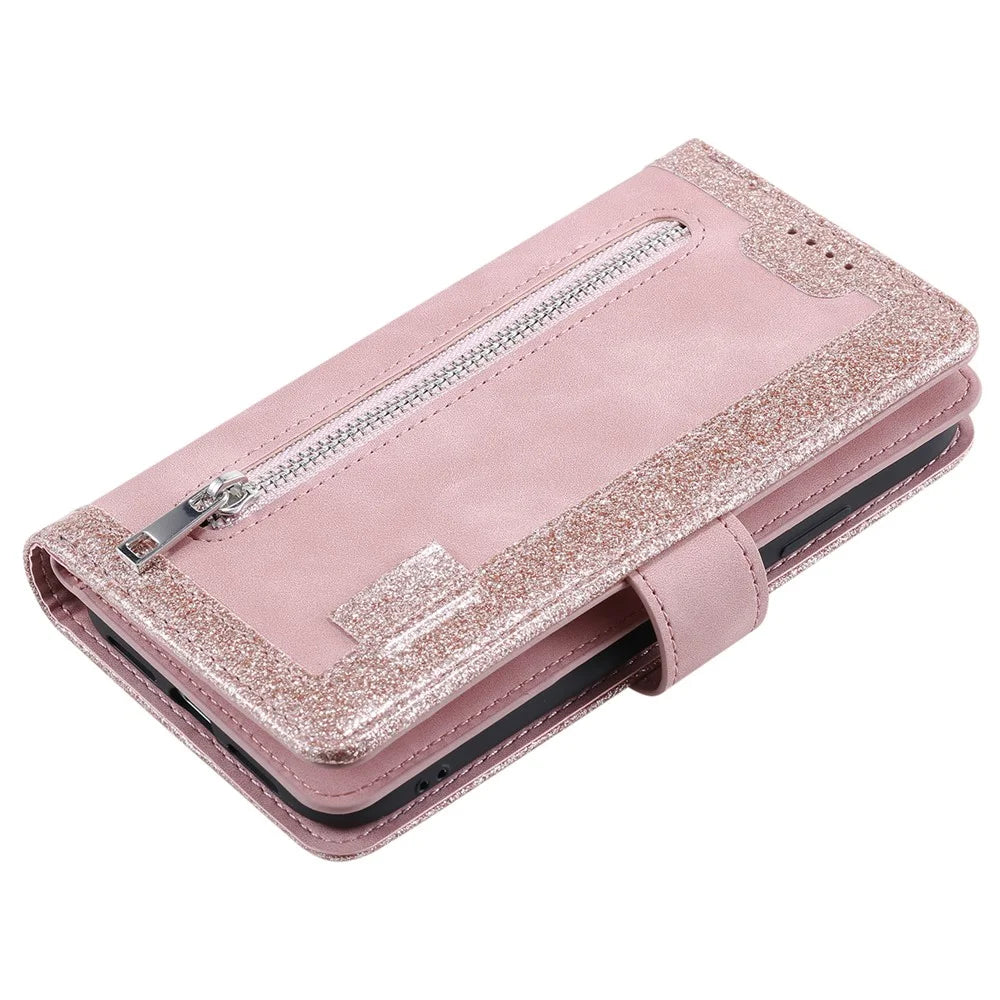 For Samsung Galaxy A18 5G / A18 4G / A17 5G / A17 4G / A26 5G Case 9 Card Slots Zipper Wallet PU Leather Phone Cover with Wrist Strap - Rose Gold - 7