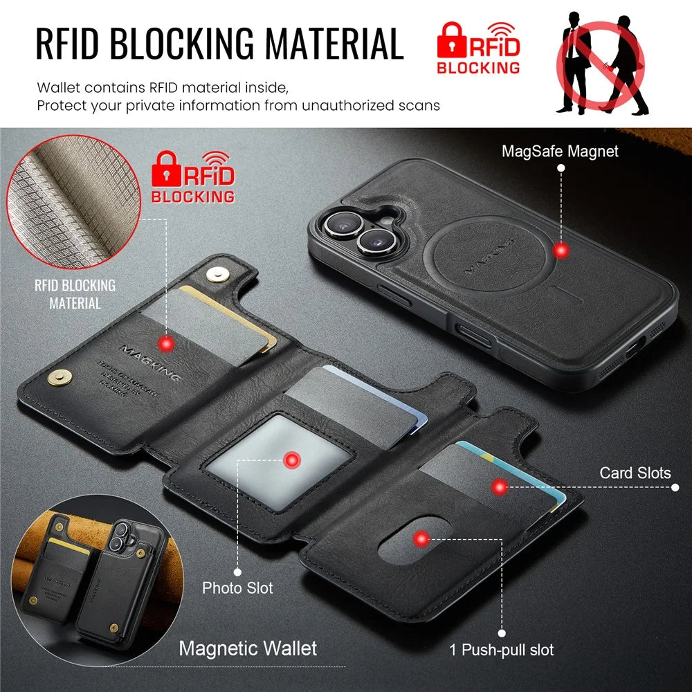 MAGKING K3 Series For iPhone 16 Case Compatible with MagSafe Wallet PC + TPU + PU Phone Cover - Black - 6