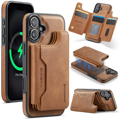 MAGKING K3 Series For iPhone 16 Plus Case Compatible with MagSafe Wallet PC + TPU + PU Phone Cover - Brown - 1