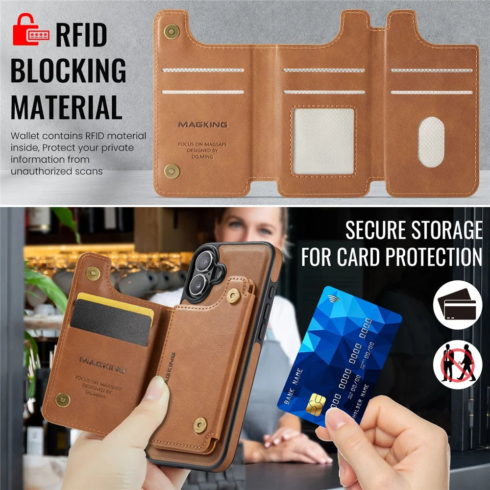 MAGKING K3 Series For iPhone 16 Plus Case Compatible with MagSafe Wallet PC + TPU + PU Phone Cover - Brown - 7