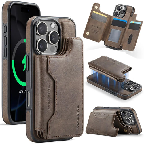 MAGKING K3 Series For iPhone 16 Pro Case Compatible with MagSafe Wallet PC + TPU + PU Phone Cover - Coffee - 1