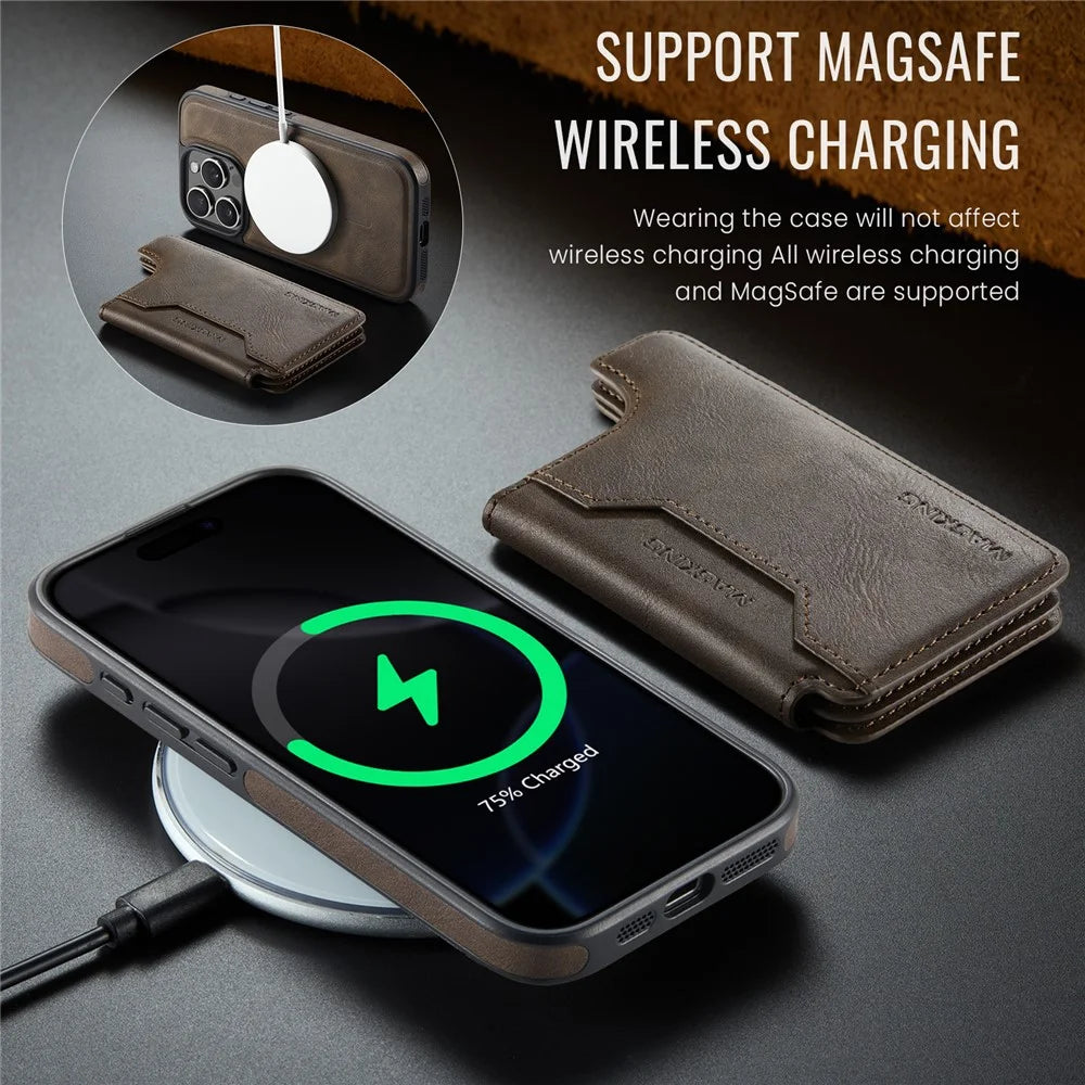 MAGKING K3 Series For iPhone 16 Pro Case Compatible with MagSafe Wallet PC + TPU + PU Phone Cover - Coffee - 5