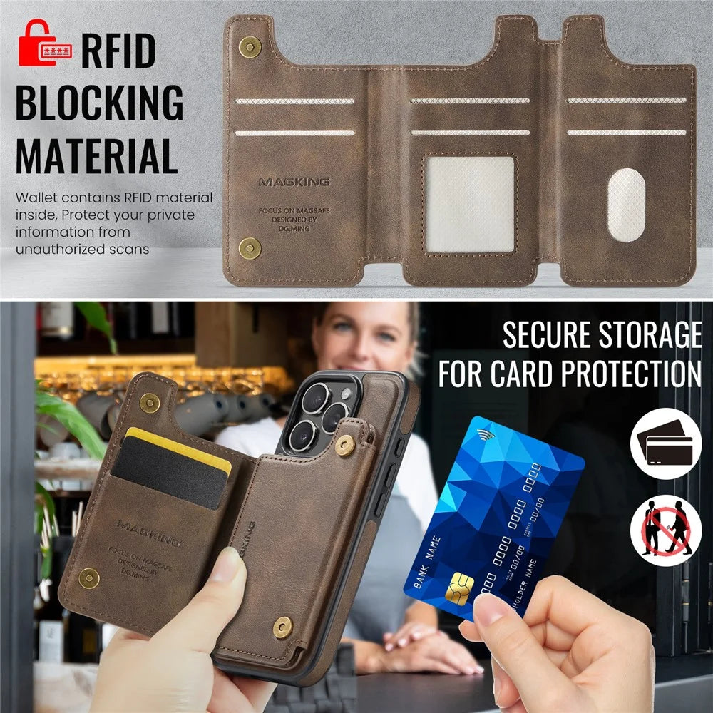 MAGKING K3 Series For iPhone 16 Pro Case Compatible with MagSafe Wallet PC + TPU + PU Phone Cover - Coffee - 7
