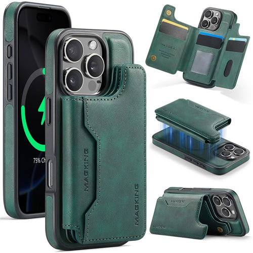 MAGKING K3 Series For iPhone 16 Pro Max Case Compatible with MagSafe Wallet PC + TPU + PU Phone Cover - Green - 1