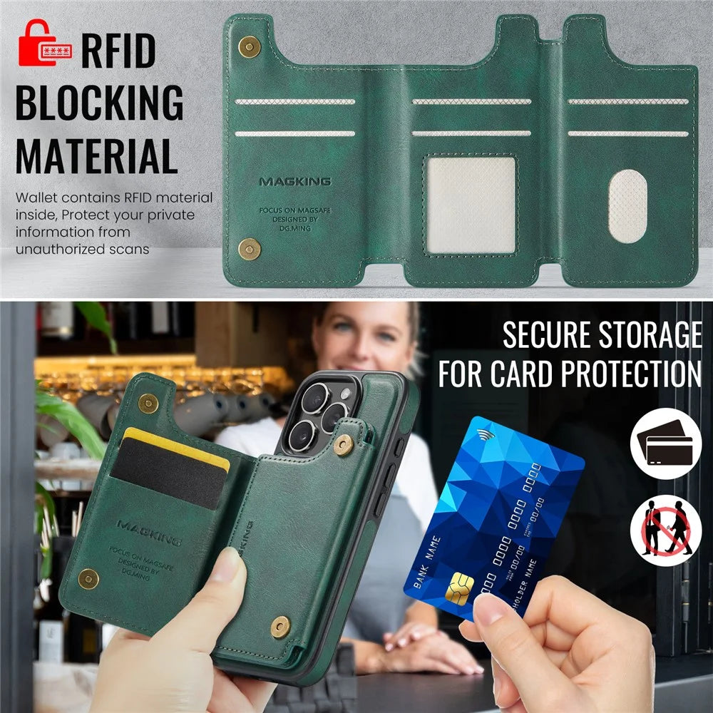 MAGKING K3 Series For iPhone 16 Pro Max Case Compatible with MagSafe Wallet PC + TPU + PU Phone Cover - Green - 7