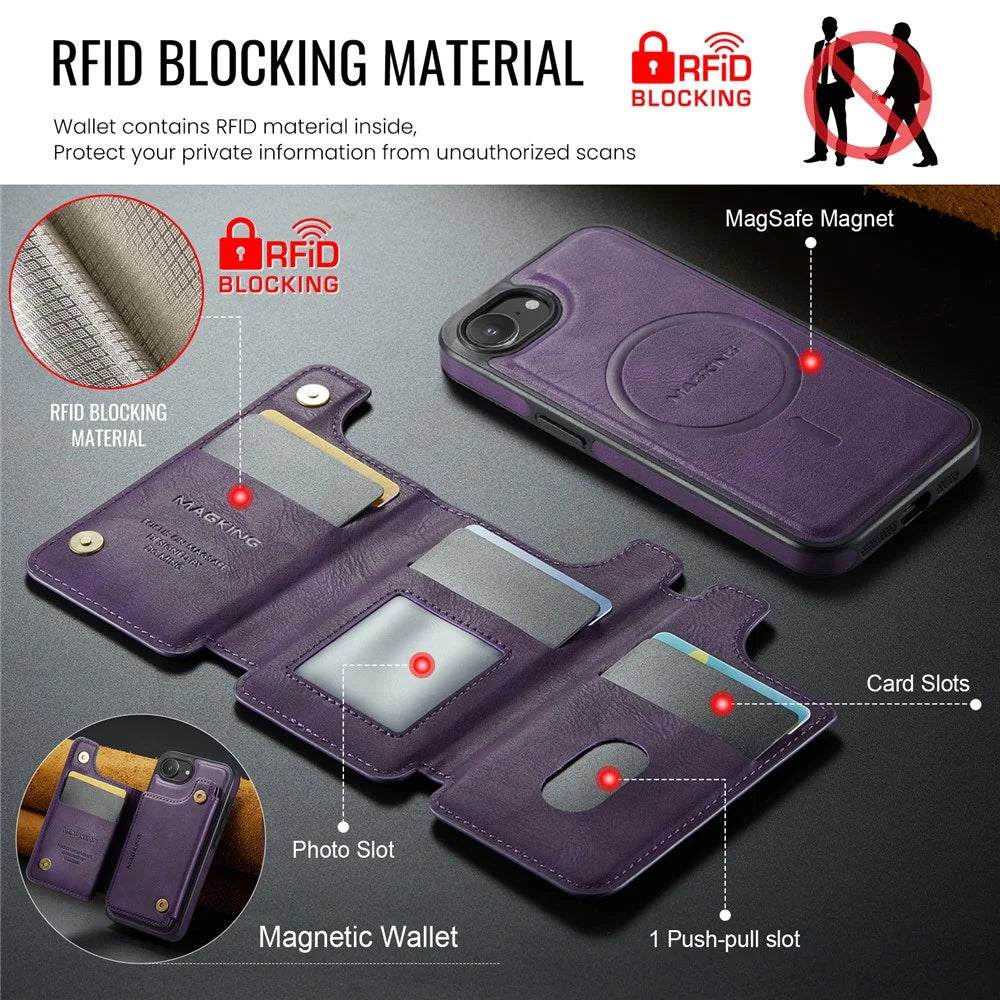 MAGKING K3 Series For iPhone 17e / 16e Case Compatible with MagSafe Wallet PC + TPU + PU Phone Cover - Purple - 6