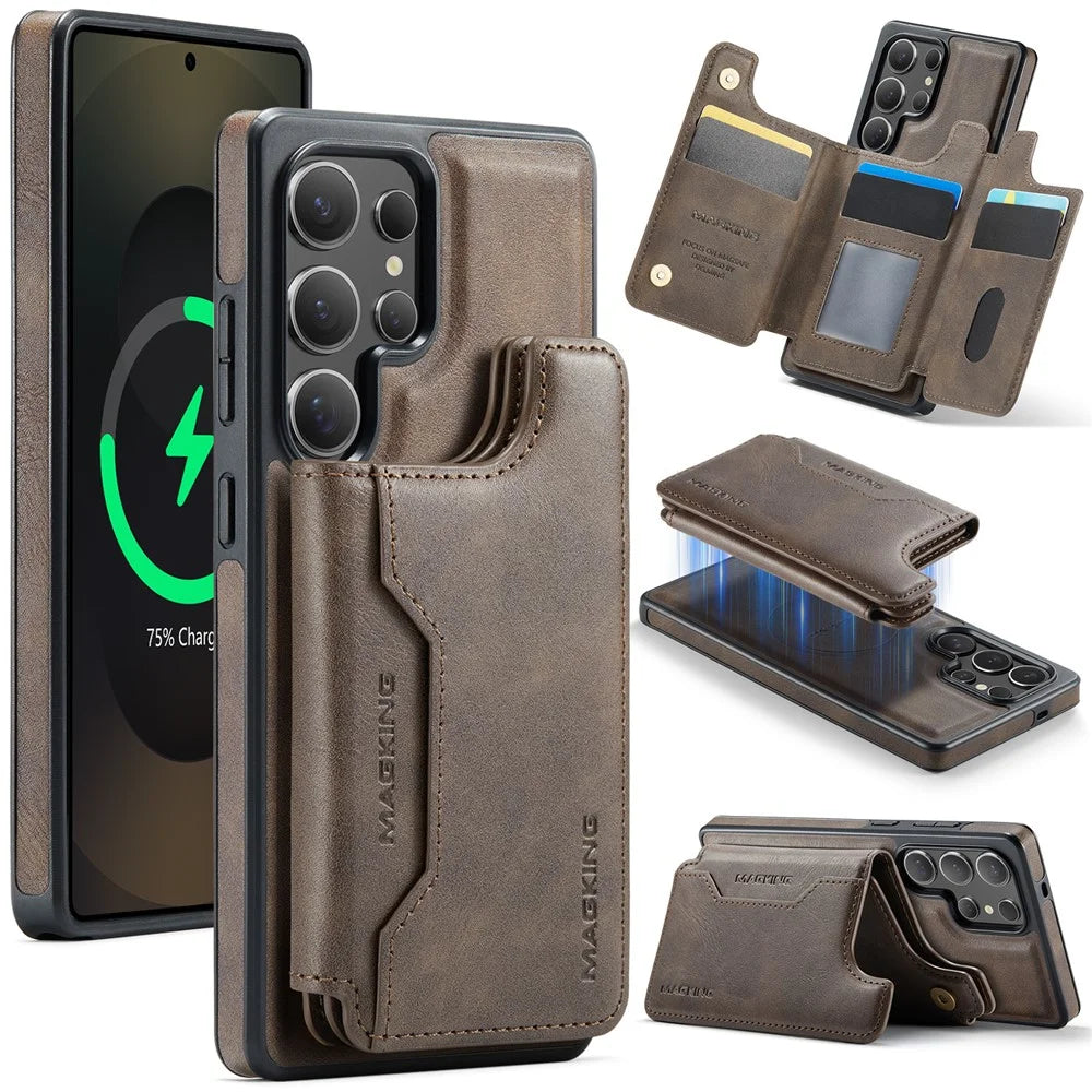 MAGKING K3 Series For Samsung Galaxy S25 Ultra Magnetic Case Wallet PC + TPU + PU Phone Cover - Coffee - 1