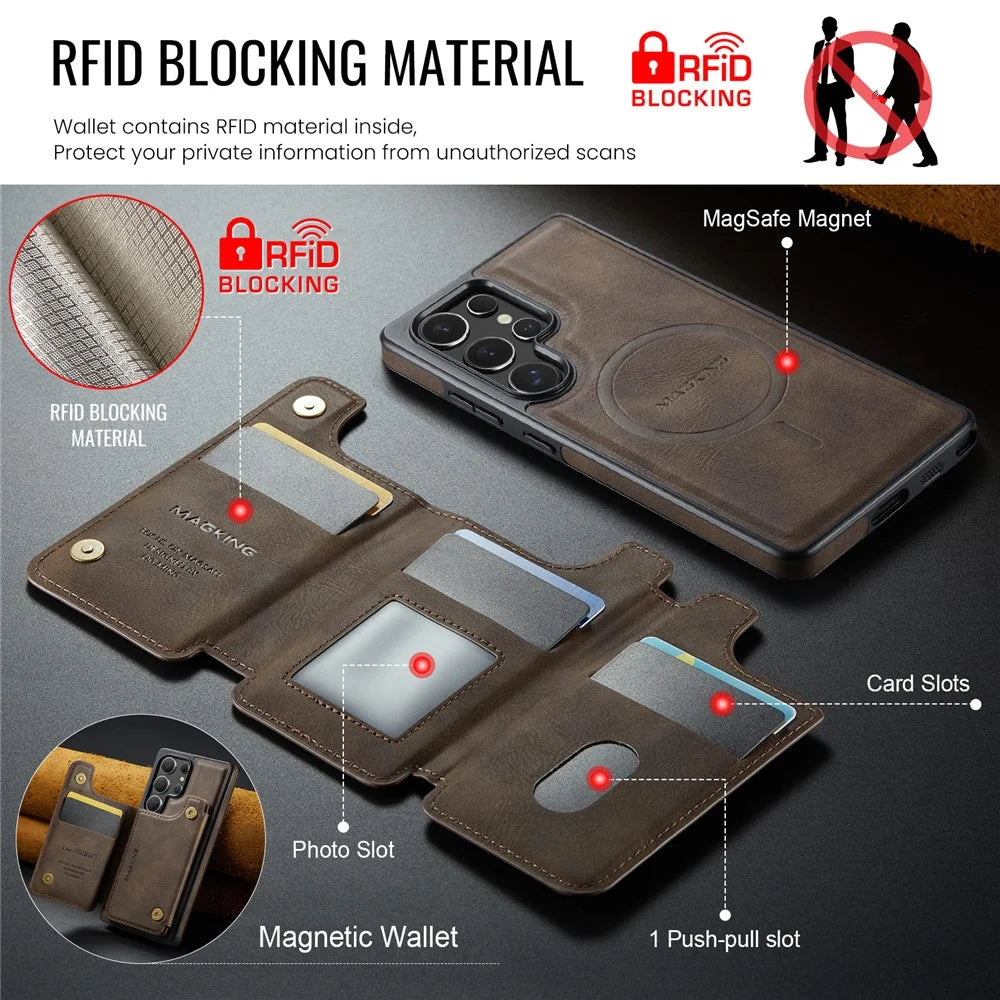 MAGKING K3 Series For Samsung Galaxy S25 Ultra Magnetic Case Wallet PC + TPU + PU Phone Cover - Coffee - 6