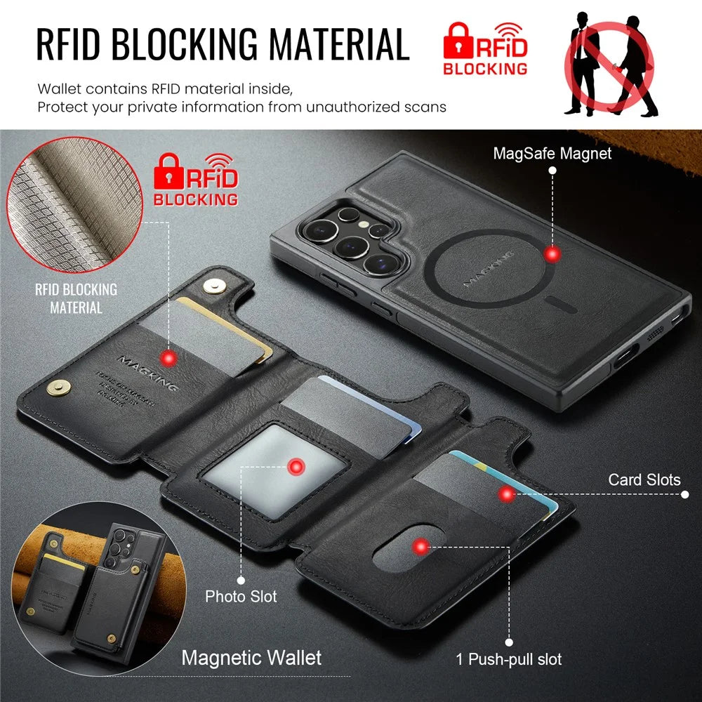 MAGKING K3 Series For Samsung Galaxy S24 Ultra Magnetic Case Wallet PC + TPU + PU Phone Cover - Black - 6