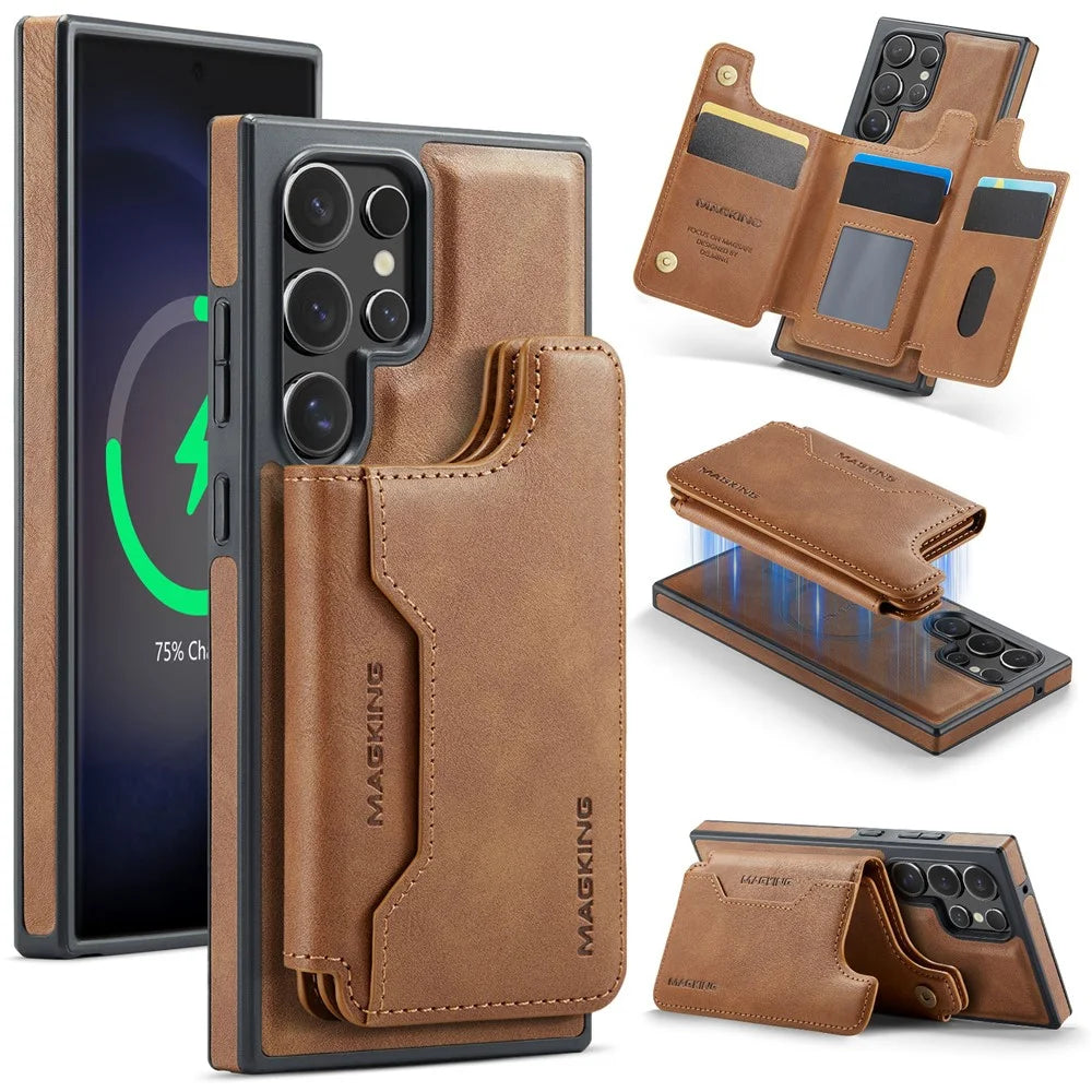 MAGKING K3 Series For Samsung Galaxy S23 Ultra Magnetic Case Wallet PC + TPU + PU Phone Cover - Brown - 1