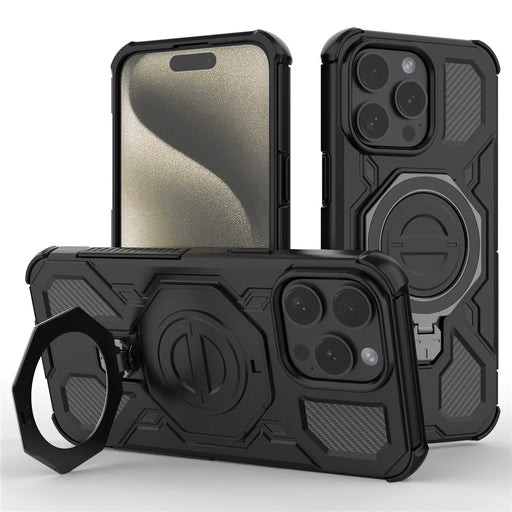 For iPhone 15 Pro Magnetic Case Rotating Metal Kickstand Shockproof PC + TPU Phone Back Cover - Black - 1