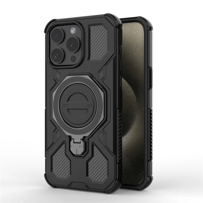 For iPhone 15 Pro Magnetic Case Rotating Metal Kickstand Shockproof PC + TPU Phone Back Cover - Black - 2