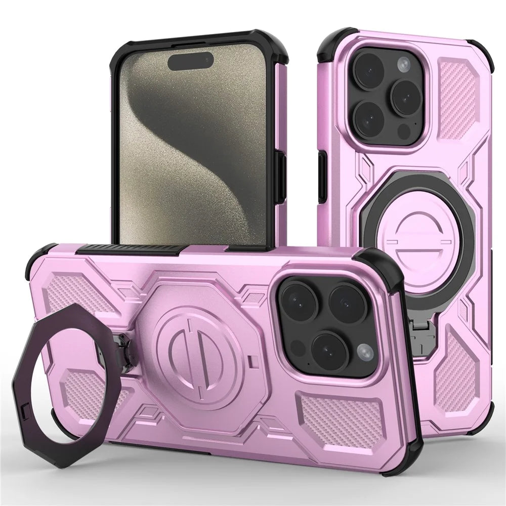 For iPhone 15 Pro Max Magnetic Case Rotating Metal Kickstand Shockproof PC + TPU Phone Back Cover - Pink - 1