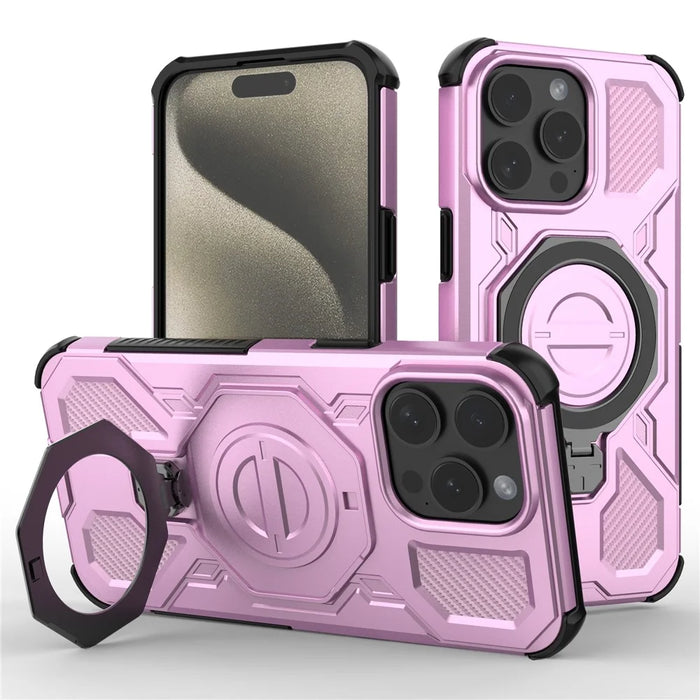 For iPhone 15 Pro Max Magnetic Case Rotating Metal Kickstand Shockproof PC + TPU Phone Back Cover - Pink - 1