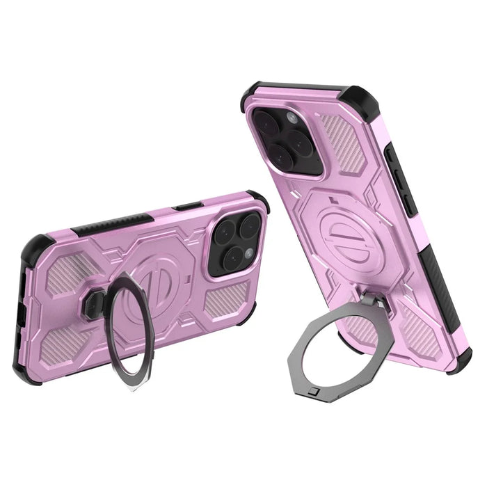 For iPhone 15 Pro Max Magnetic Case Rotating Metal Kickstand Shockproof PC + TPU Phone Back Cover - Pink - 4