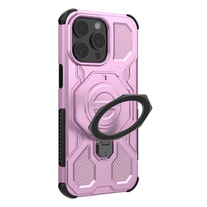 For iPhone 15 Pro Max Magnetic Case Rotating Metal Kickstand Shockproof PC + TPU Phone Back Cover - Pink - 7