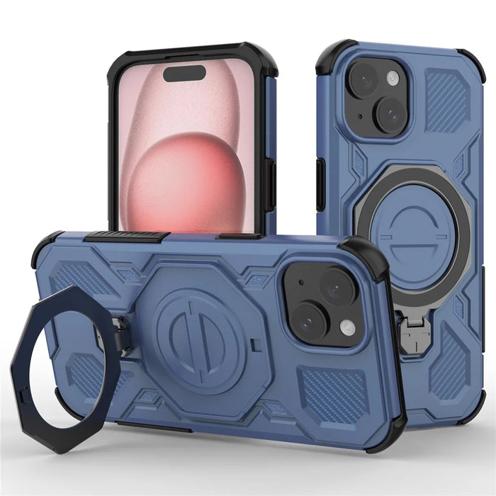 For iPhone 15 Magnetic Case Rotating Metal Kickstand Shockproof PC + TPU Phone Back Cover - Dark Blue - 1