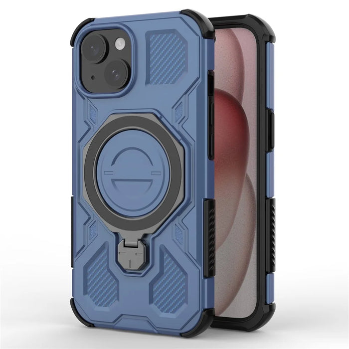 For iPhone 15 Magnetic Case Rotating Metal Kickstand Shockproof PC + TPU Phone Back Cover - Dark Blue - 2