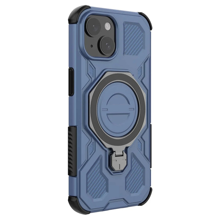For iPhone 15 Magnetic Case Rotating Metal Kickstand Shockproof PC + TPU Phone Back Cover - Dark Blue - 3
